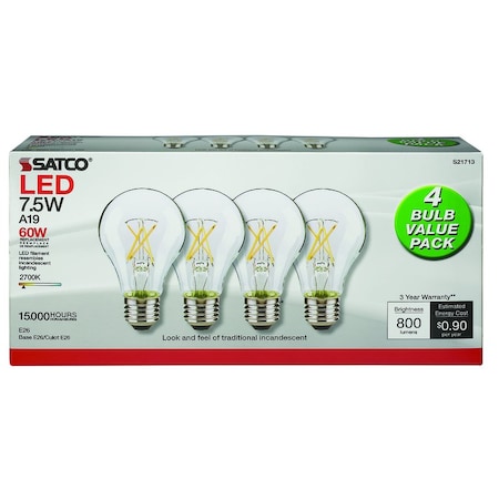 Satco Satco A19 E26 (Medium) LED Bulb Warm White 60 Watt Equivalence 4 pk S21713